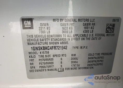 2015 Chevrolet Tahoe Lt from USA, damaged, VIN 1GNSKBKC4FR721942